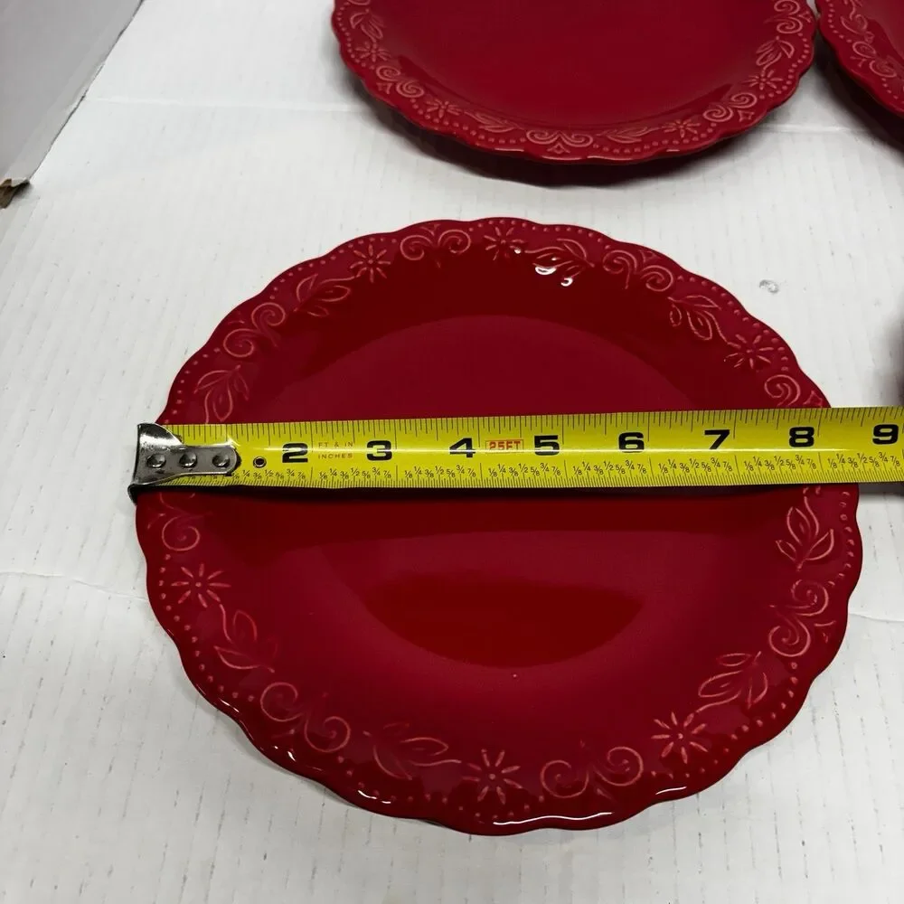 Pioneer Woman Red Salad Plates Set of 4 Floral Scalloped Stoneware 9”